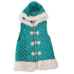 Little Lass Girls Hooded Quilted Vest With Faux Fur Trim Size 5 Teal With Heart